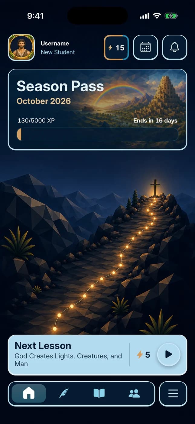 BibliXP home screen with the Season Pass and next lesson